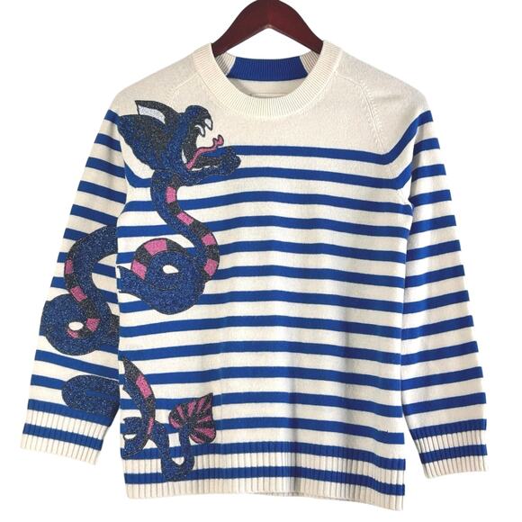 Zadig & Voltaire Lilo Bis Striped Sweater Dragon Motif Wool Cashmere Cream Blue - Picture 6 of 11